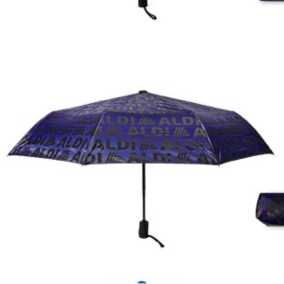 Aldi Gear Automatic Umbrella Aldi Logo Words Letters on Navy NWT - Picture 4 of 6